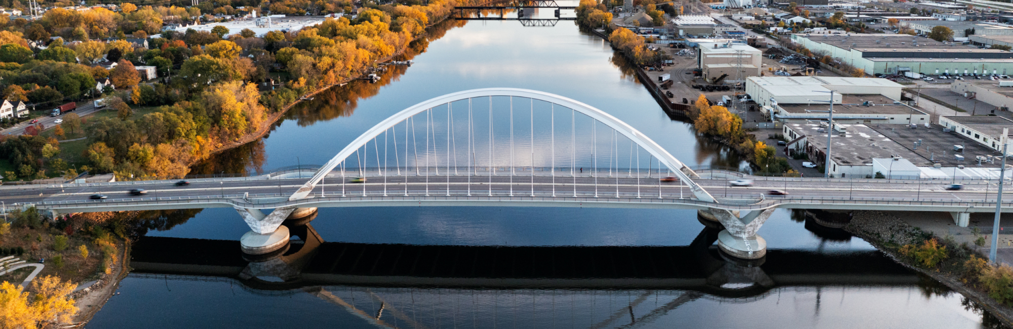 Photo of bridge overlooking Mississippi River and downtown Minneapolis